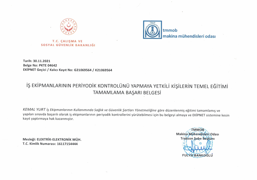 İş Ekipmanlarını Periyodik Kontrol Yapma (Haziran 2021)